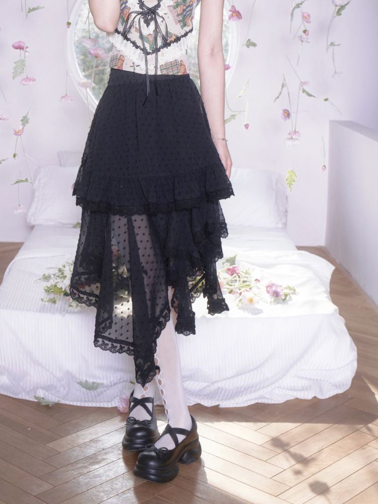 Polka Dot Irregular Hem Lace Ruffle Half Skirt