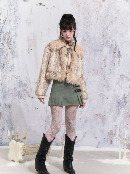 Beige Stripe Patchwork Fox Fur Coat