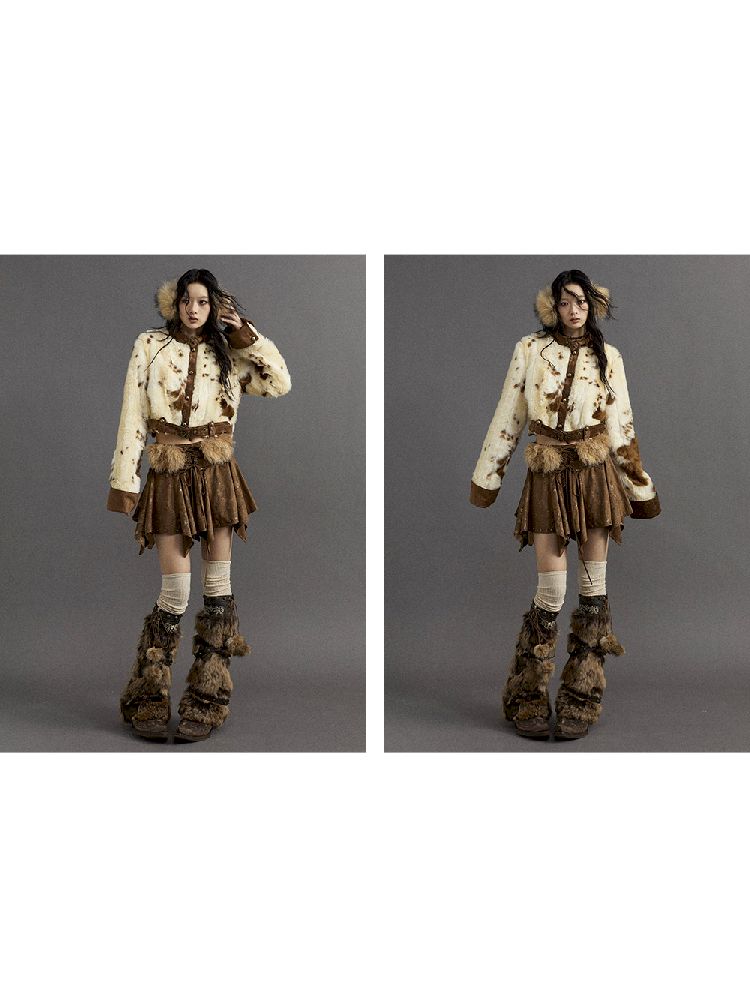 Patchwork collar short fur coat