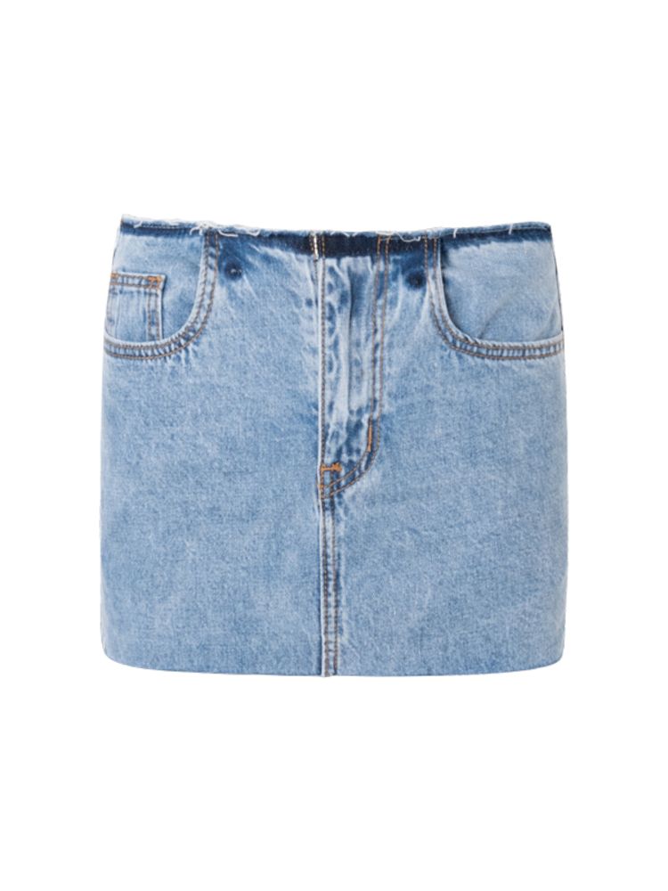 Pinch pleated broken holes Raw edge denim skirt