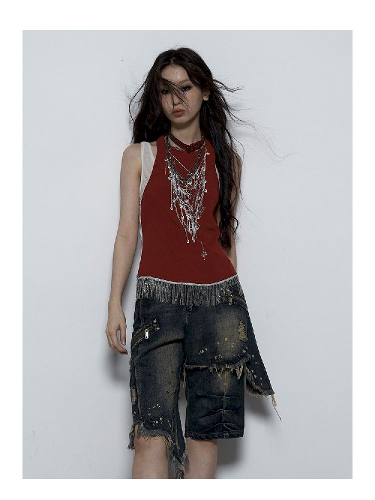 Fake Two Piece Clashing Fringe Patchwork Vest