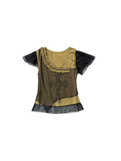 Asymmetric Spliced Mesh Rhinestone Printed Short Sleeve T-Shirt