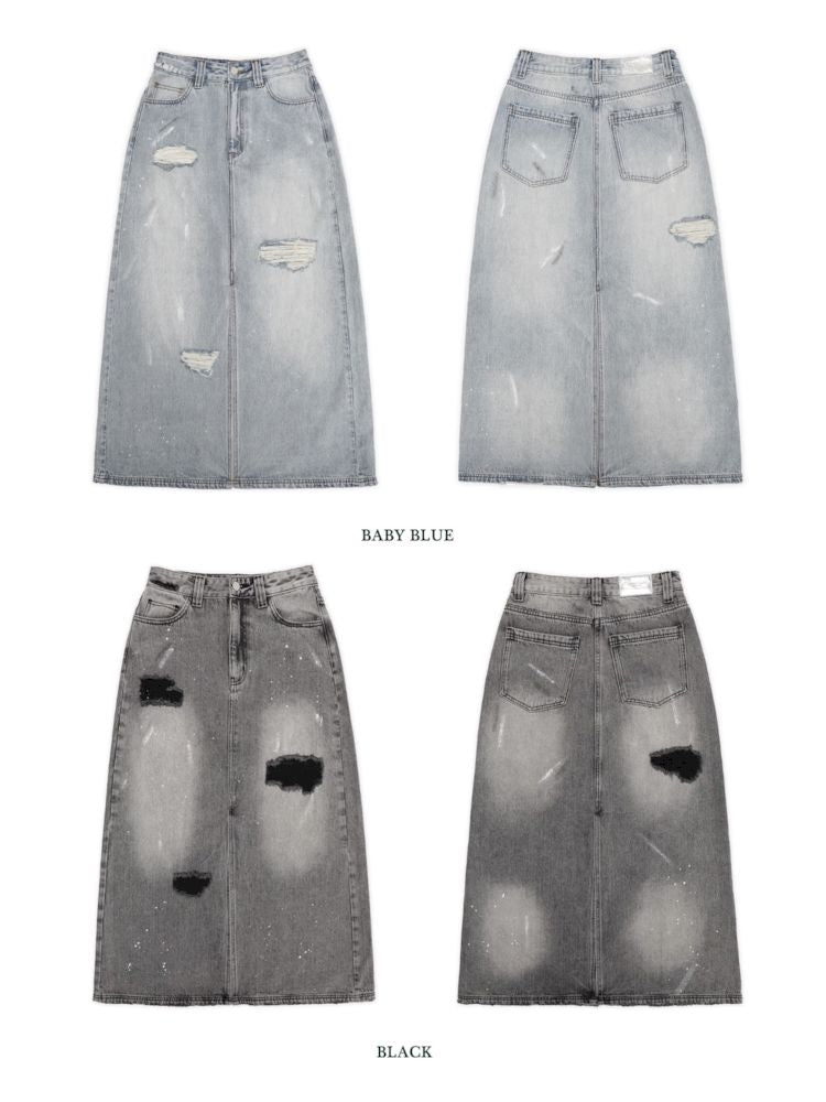 Multiple holes denim long skirt