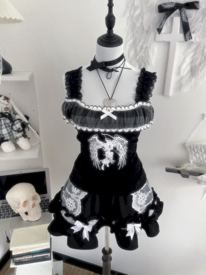 Schwarzes Engel Skull Bedrucktes Kurz-T-Shirt Halter Kleid Set 