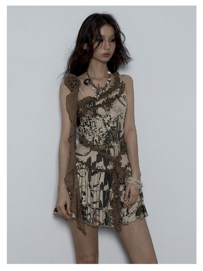 Punk Patchwork Slung Halter Backless Printed Puffy Cake Dress