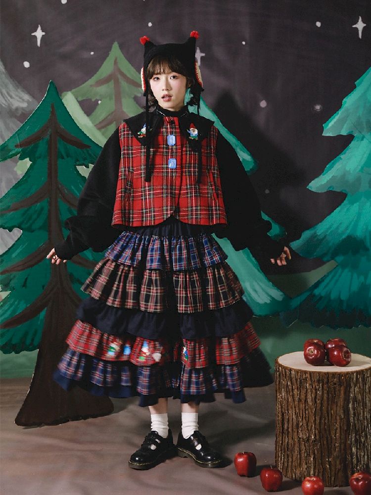 Red Grid Patchwork Lolita Silhouette Short Jacket