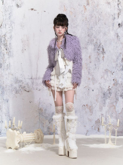 Purple Fox Fur Bow Shoulder Jacket