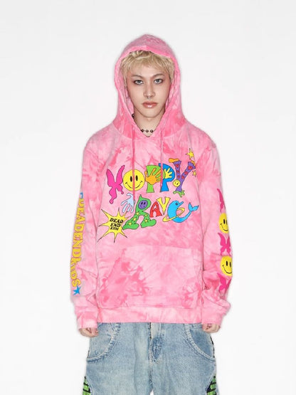 Smiley Pink Tie-Dye Hooded Sweatshirt