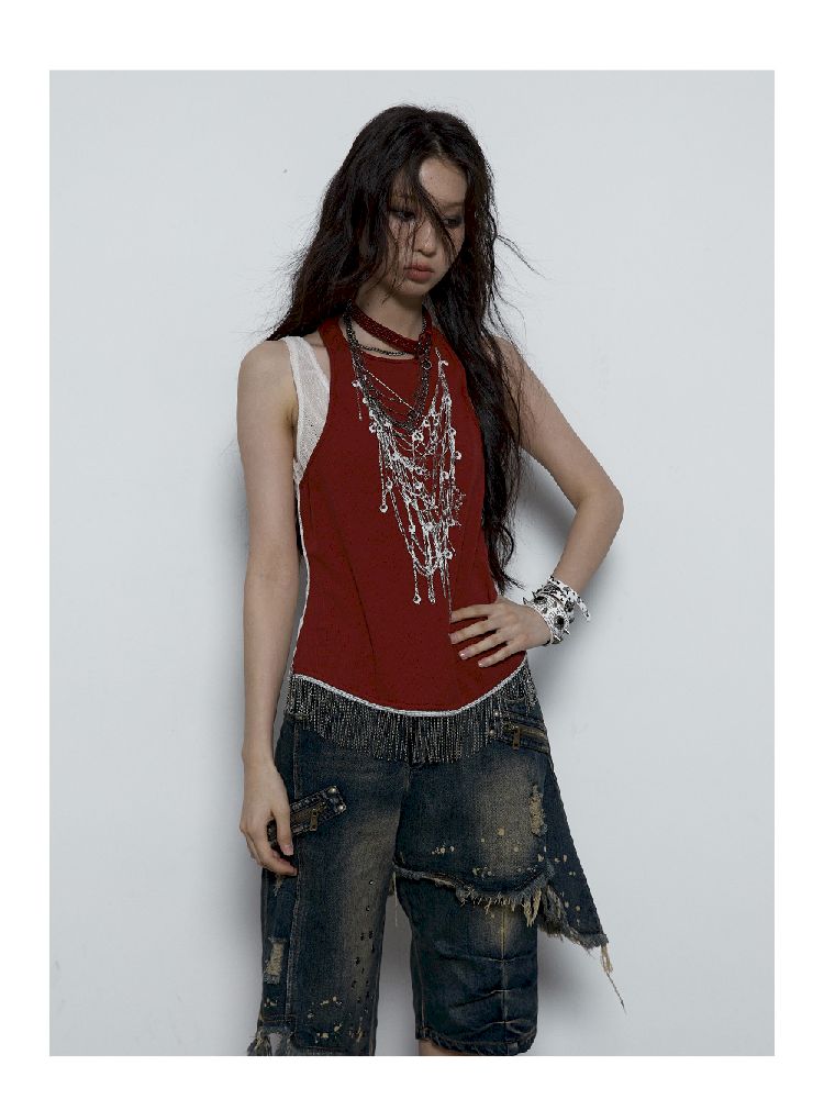 Fake Two Piece Clashing Fringe Patchwork Vest