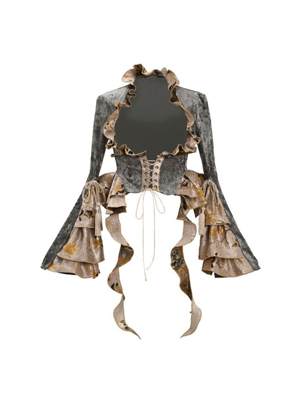 Tassel Tie Lace Scale Pattern Short Jacket