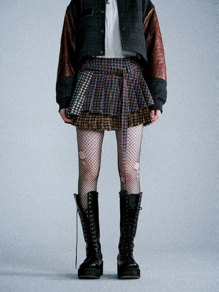 Three-color plaid splicing pleated skirt