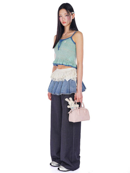 Ultra Short Fart Curtain Patchwork Denim Pants