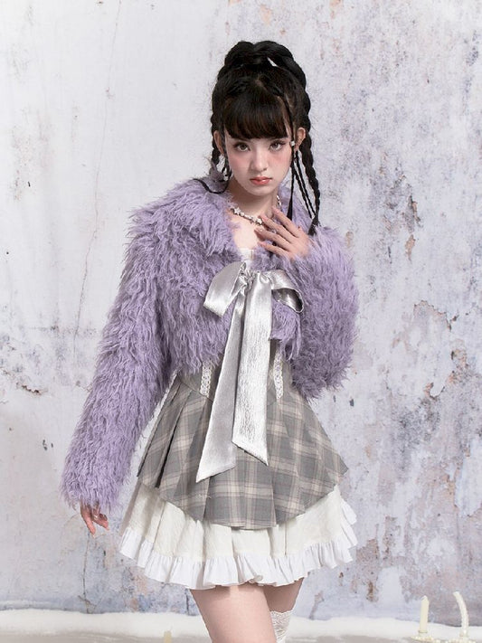 Purple Fox Fur Bow Shoulder Jacket