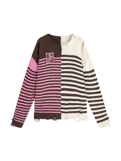 Color-Crossing Stripe Hole Breaking Knit Sweater