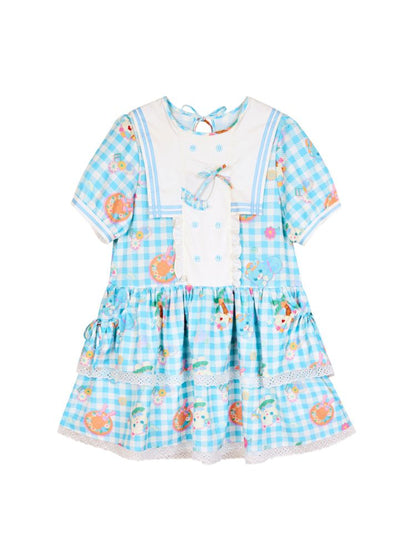 Navy Neck Plaid Cat Print Cake Dress