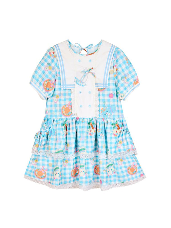 Navy Neck Plaid Cat Print Cake Dress