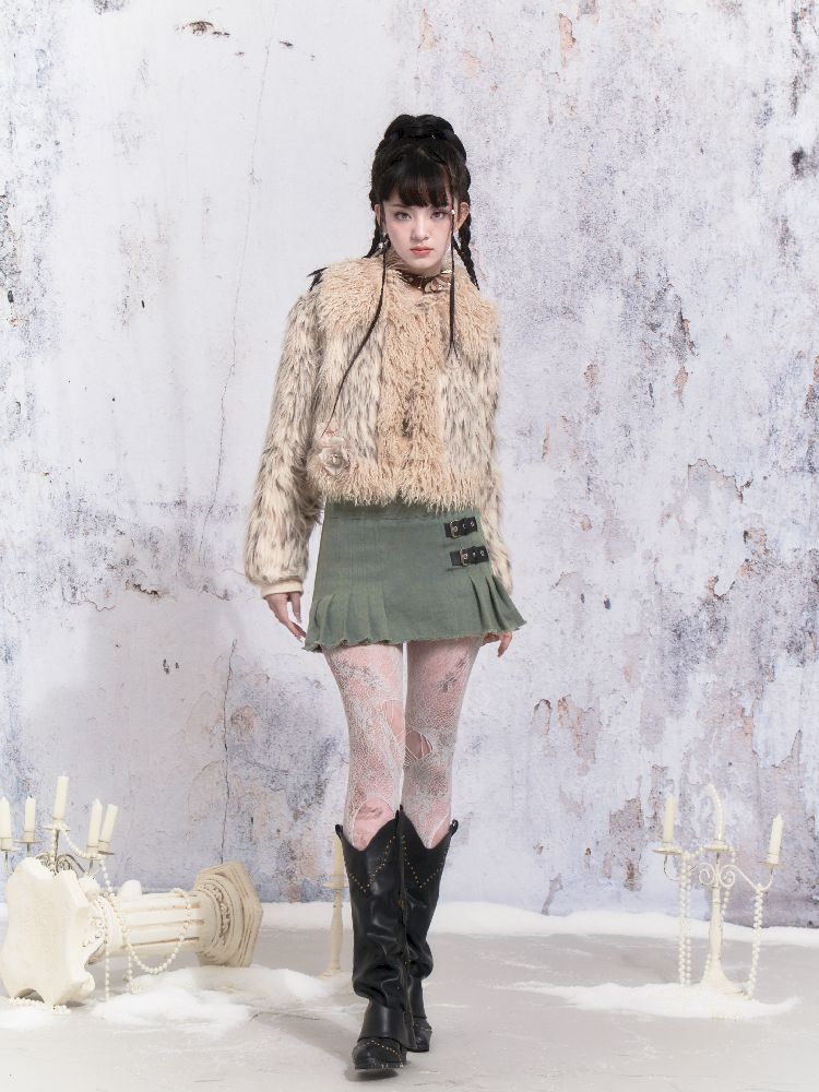 Beige Stripe Patchwork Fox Fur Coat