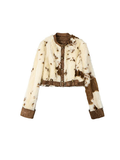 Patchwork collar short fur coat