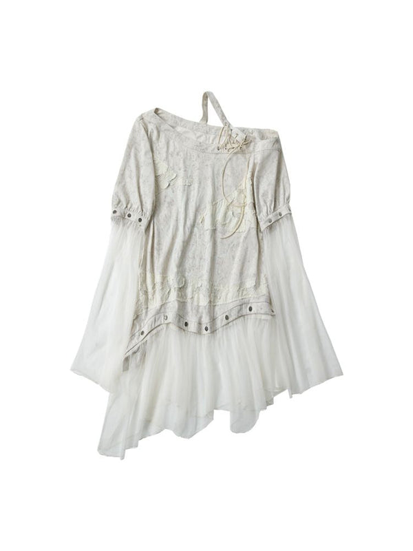 Spliced Mesh Removable Sleeve Strapless T-Shirt