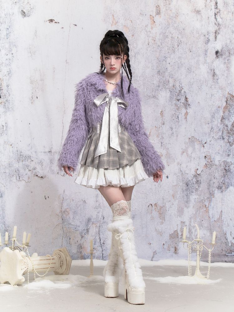 Purple Fox Fur Bow Shoulder Jacket