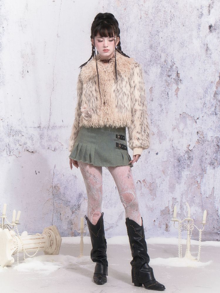 Beige Stripe Patchwork Fox Fur Coat