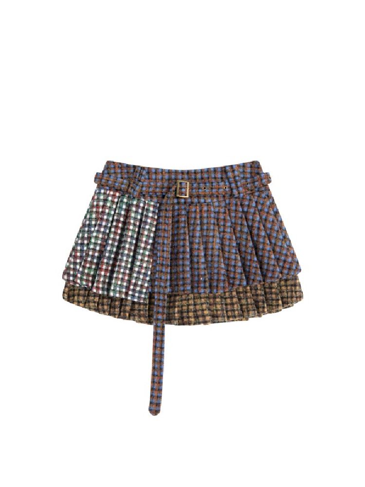 Three-color plaid splicing pleated skirt