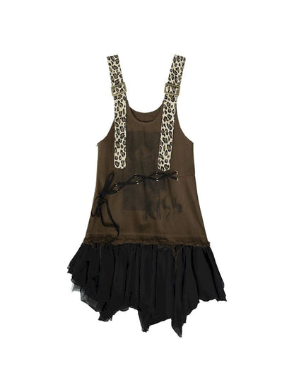 Patchwork Leopard Print Bear Strappy Irregular Back Dress