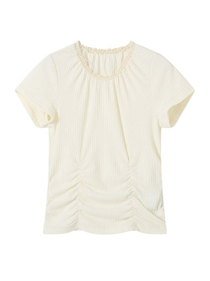 Round Lace Neck Jacquard Pleated Short Sleeve T-Shirt