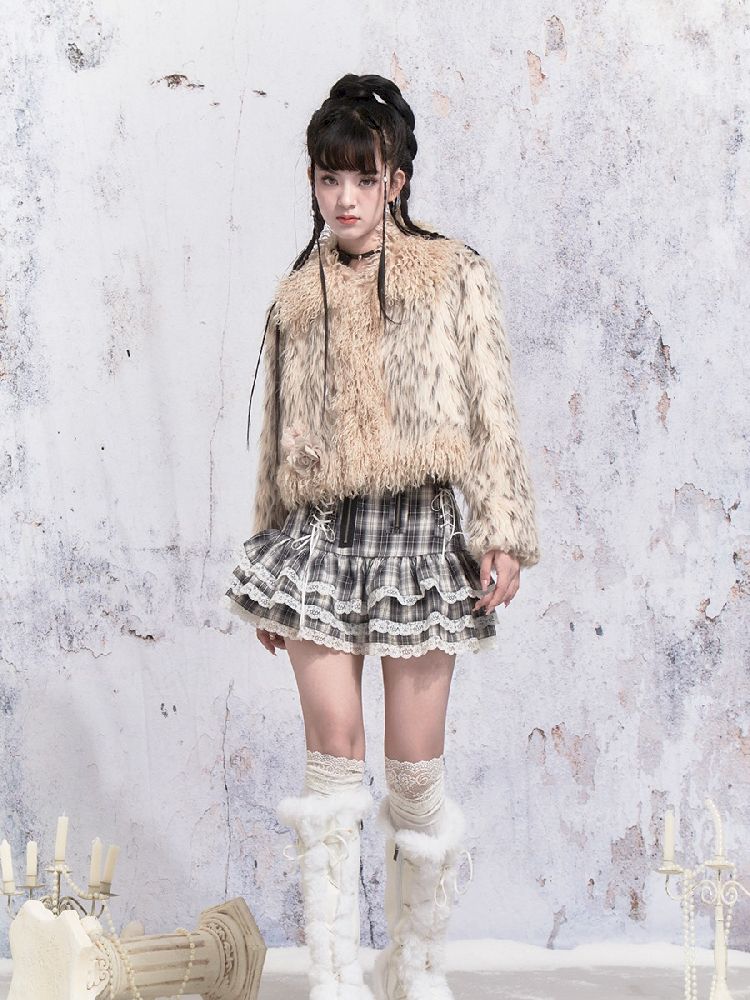 Beige Stripe Patchwork Fox Fur Coat