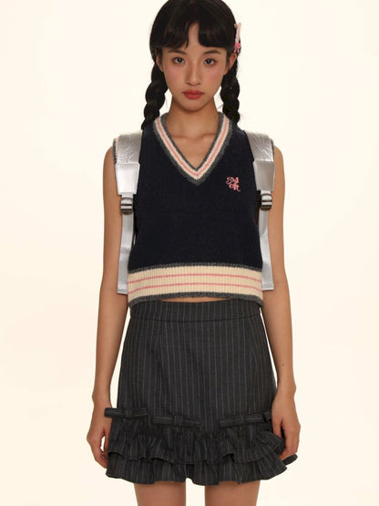 Embroidery V-Neck Sleeveless Sweater Knit Vest