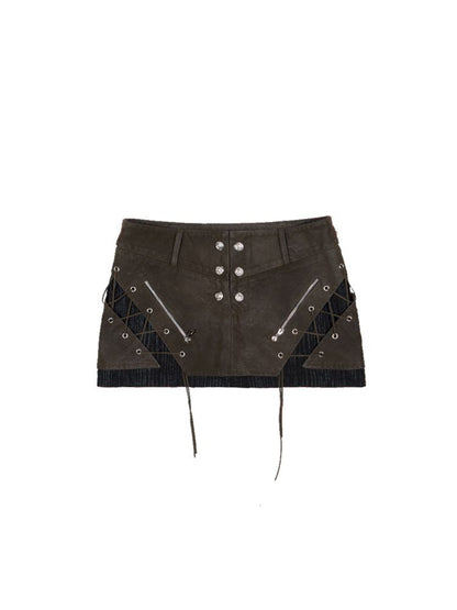 Heavy duty washed low waist leather skirt