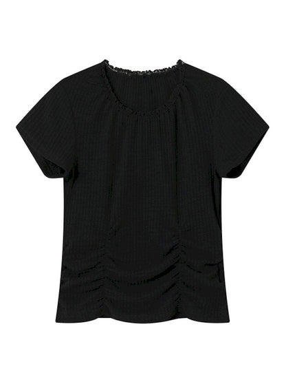 Round Lace Neck Jacquard Pleated Short Sleeve T-Shirt