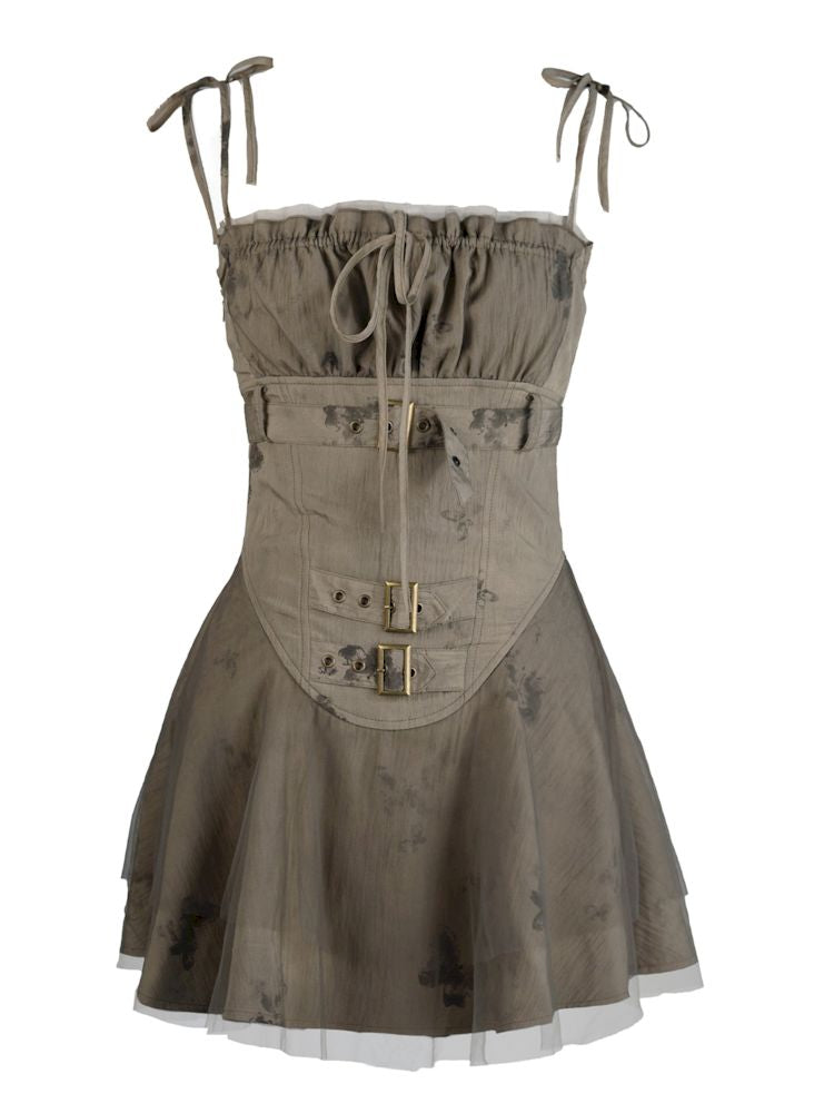 Division Brown Butterfly Mesh Skirt Halter Dress