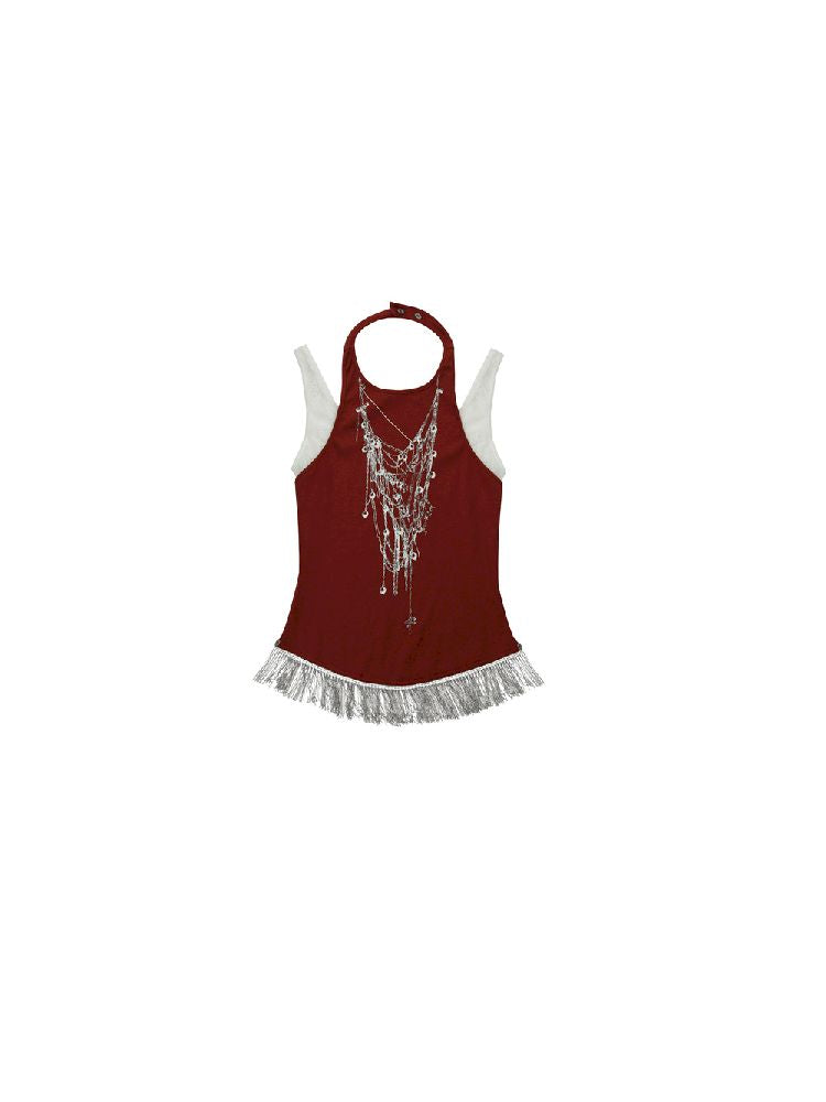 Fake Two Piece Clashing Fringe Patchwork Vest