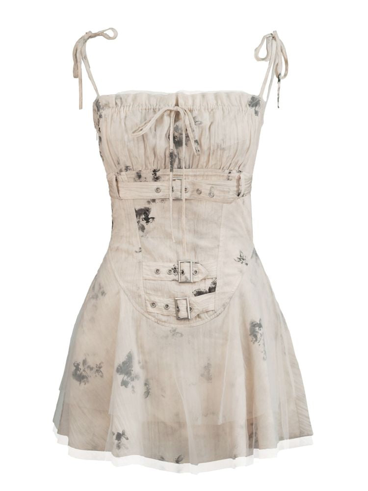 Division Brown Butterfly Mesh Skirt Halter Dress