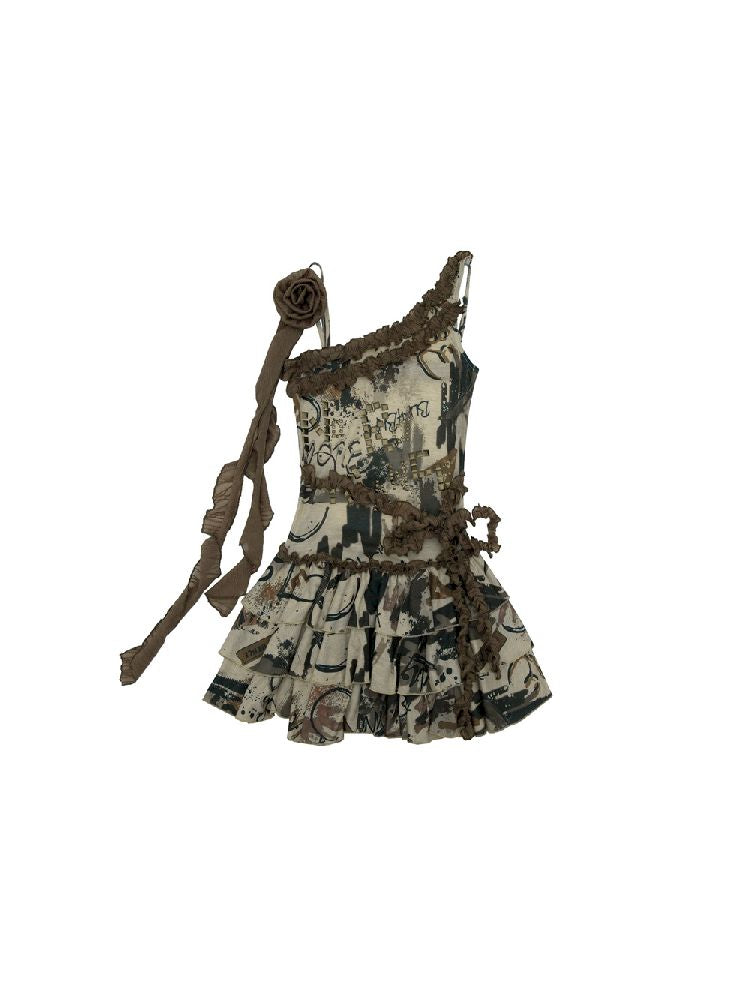 Punk Patchwork Slung Halter Backless Printed Puffy Cake Dress