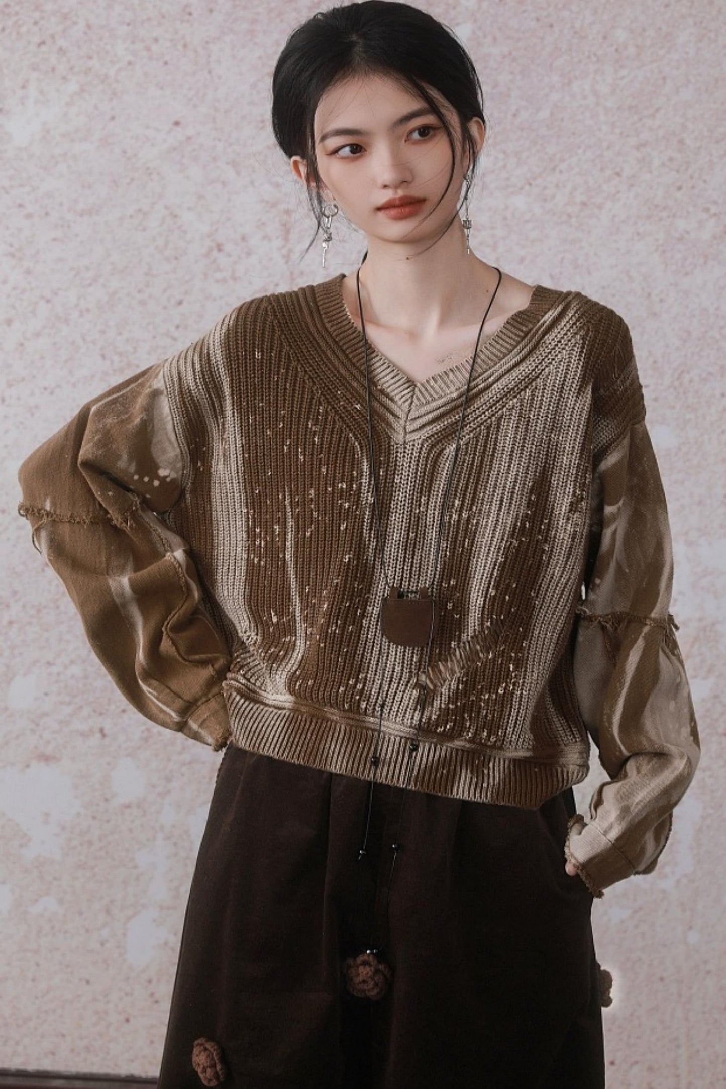 Latte Tie-Dye Oversized V-Neck Sweater