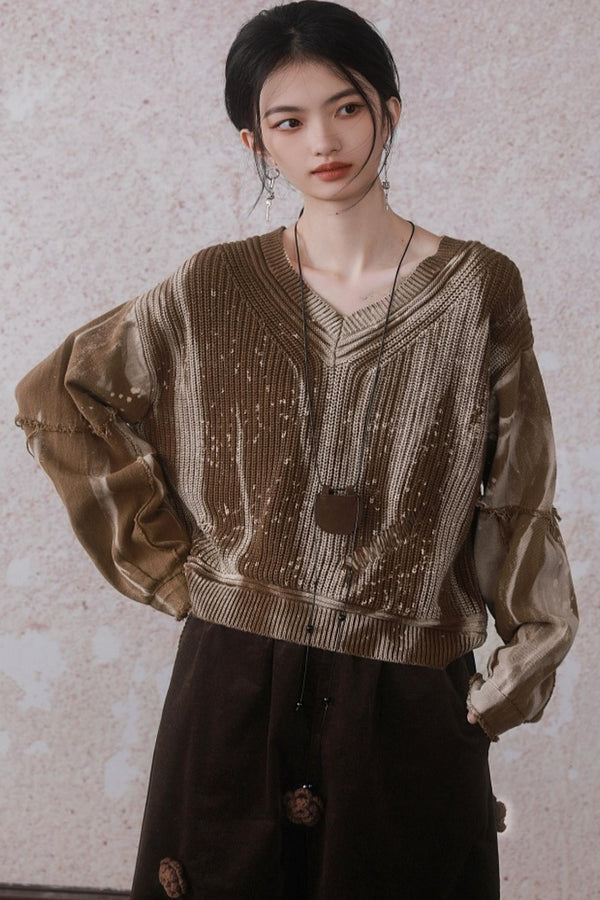 Latte Tie-Dye Oversized V-Neck Sweater