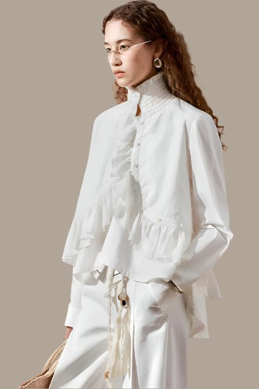 Irregular Ruffled Long Sleeve Silk Shirt