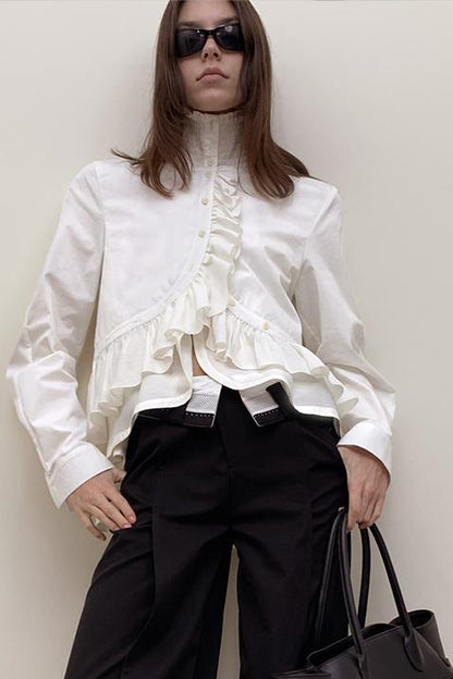 Irregular Ruffled Long Sleeve Silk Shirt