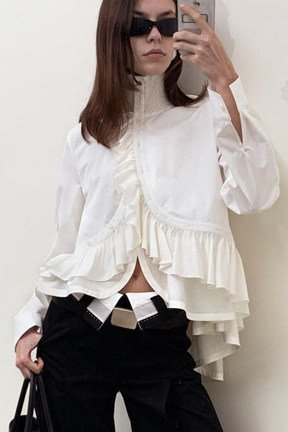 Irregular Ruffled Long Sleeve Silk Shirt