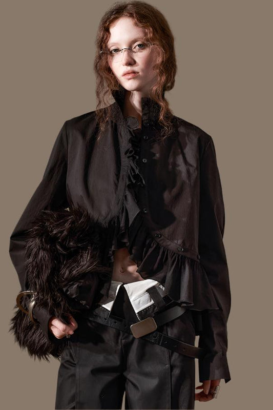 Irregular Ruffled Long Sleeve Silk Shirt