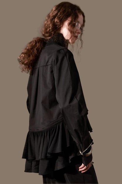 Irregular Ruffled Long Sleeve Silk Shirt