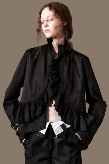 Irregular Ruffled Long Sleeve Silk Shirt