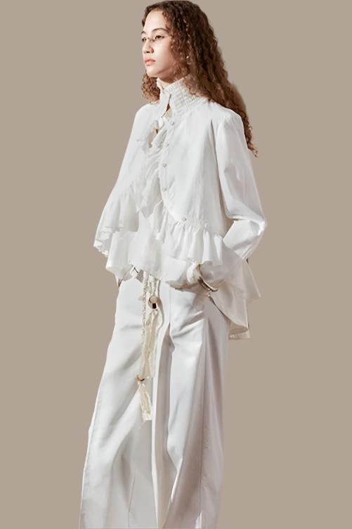 Irregular Ruffled Long Sleeve Silk Shirt