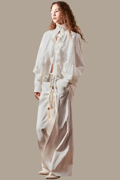 Irregular Ruffled Long Sleeve Silk Shirt