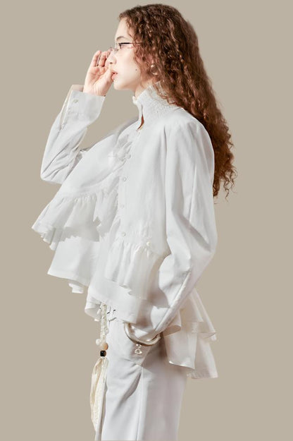 Irregular Ruffled Long Sleeve Silk Shirt