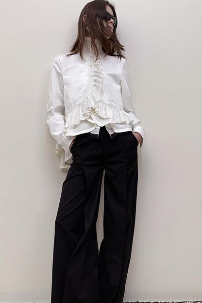 Irregular Ruffled Long Sleeve Silk Shirt