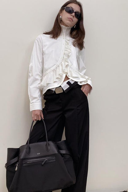 Irregular Ruffled Long Sleeve Silk Shirt