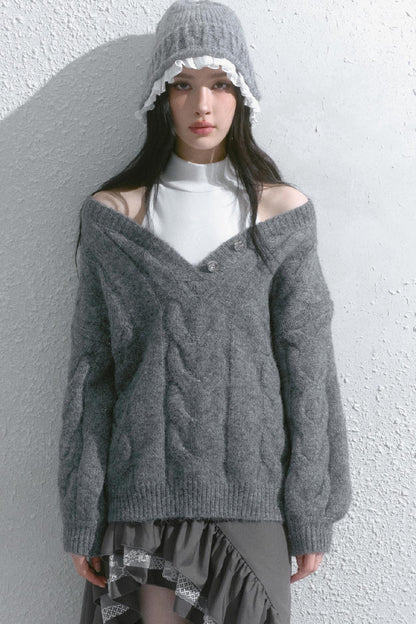 Loose Cable V Neck Thickened Shoulder Sweater